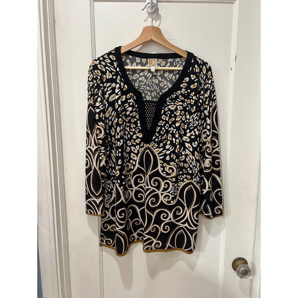 JM Collection XL Tunic Top Black Gold Animal Scroll Print Studded 3/4 Sleeve - Picture 2 of 7